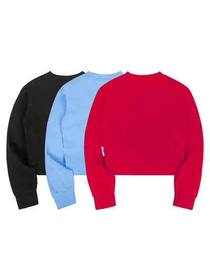 Three sweatshirts in black, blue, and red on a white background