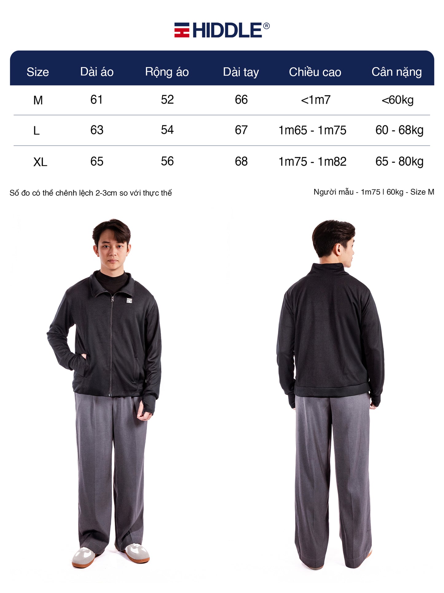 Size chart for a black jacket and gray pants set with Hiddle branding.