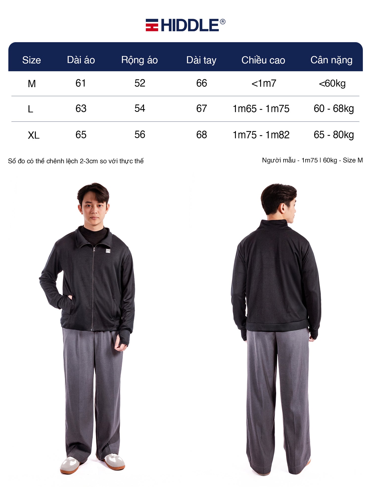Size chart for a black jacket and gray pants set with Hiddle branding.