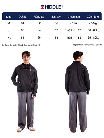 Size chart for a black jacket and gray pants set with Hiddle branding.