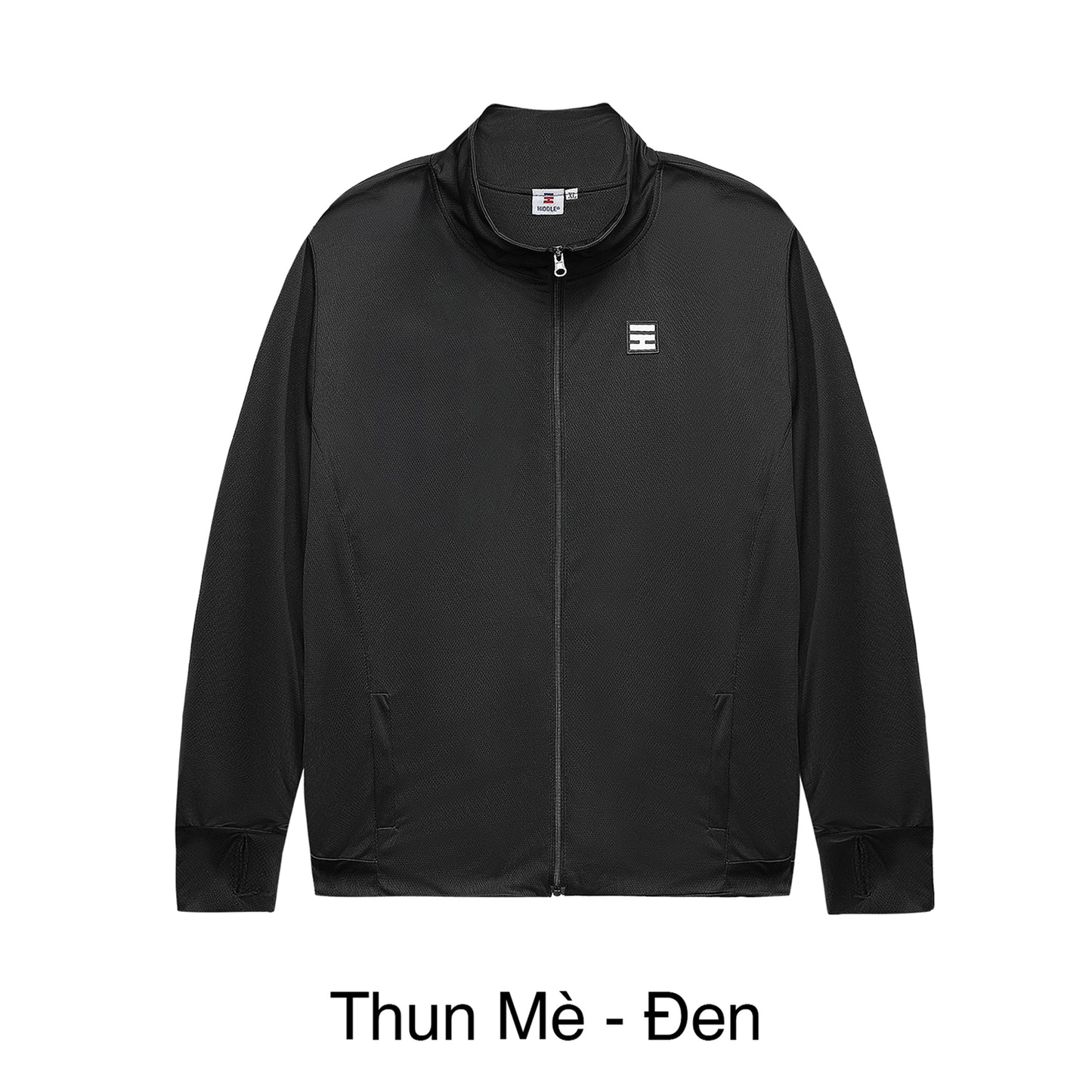 Black jacket with a small logo on a white background
