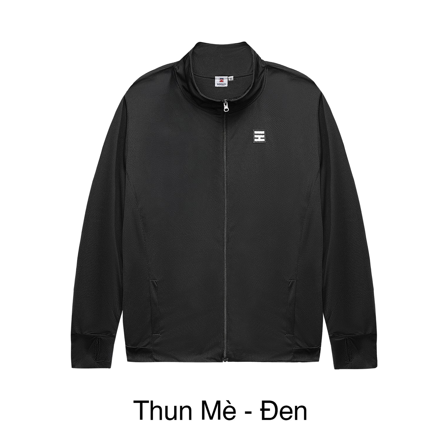 Black jacket with a small logo on a white background
