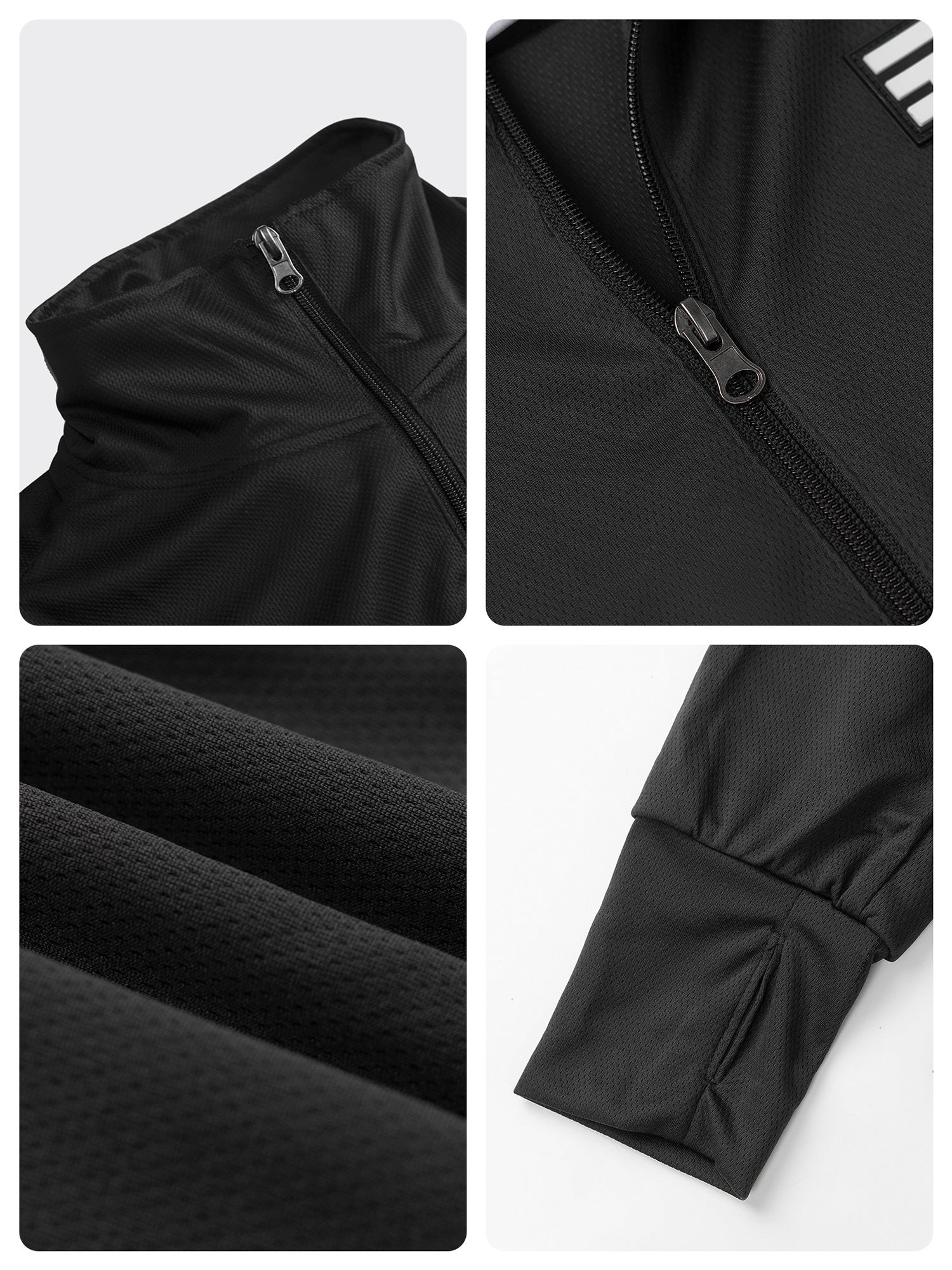 Collage of close-up details of a black jacket including zipper, fabric texture, and sleeve design.