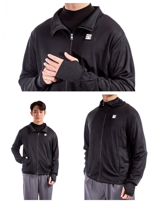 Black jacket with brand logo worn by a person on a white background