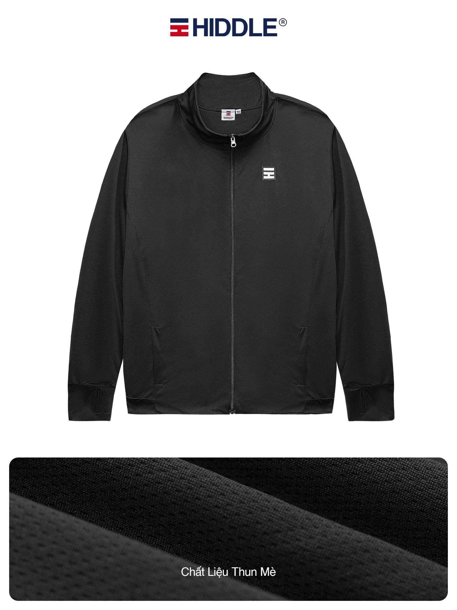Black jacket with Hiddle logo on a white background