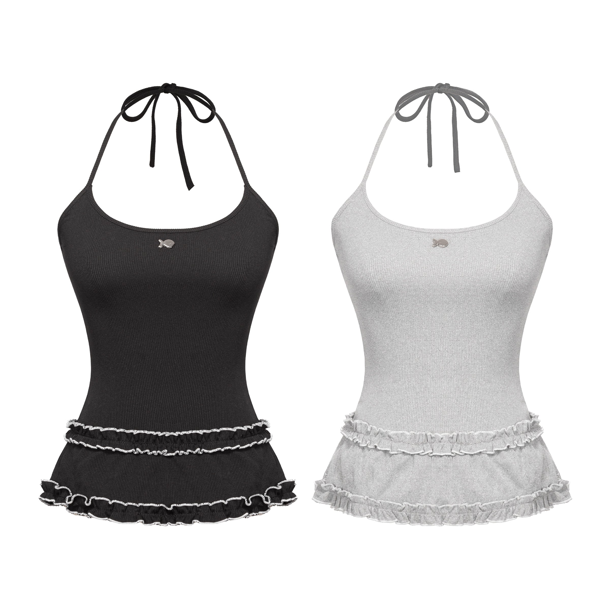 Black and gray tank tops with ruffled hem on a white background