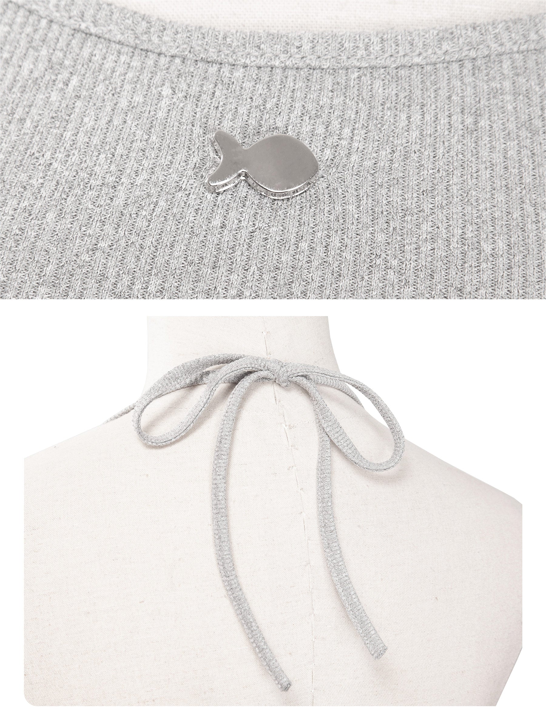 Gray knit top with a small logo on a white background