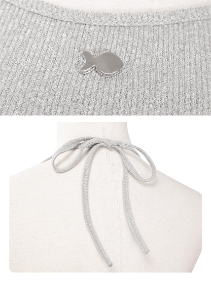 Gray knit top with a small logo on a white background