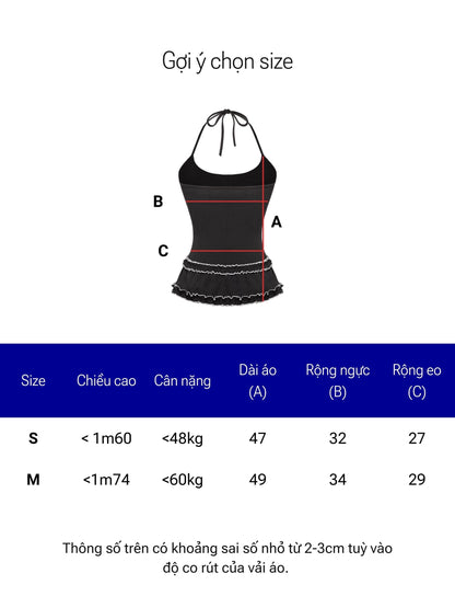 Size chart for a black dress with measurements labeled on a white background