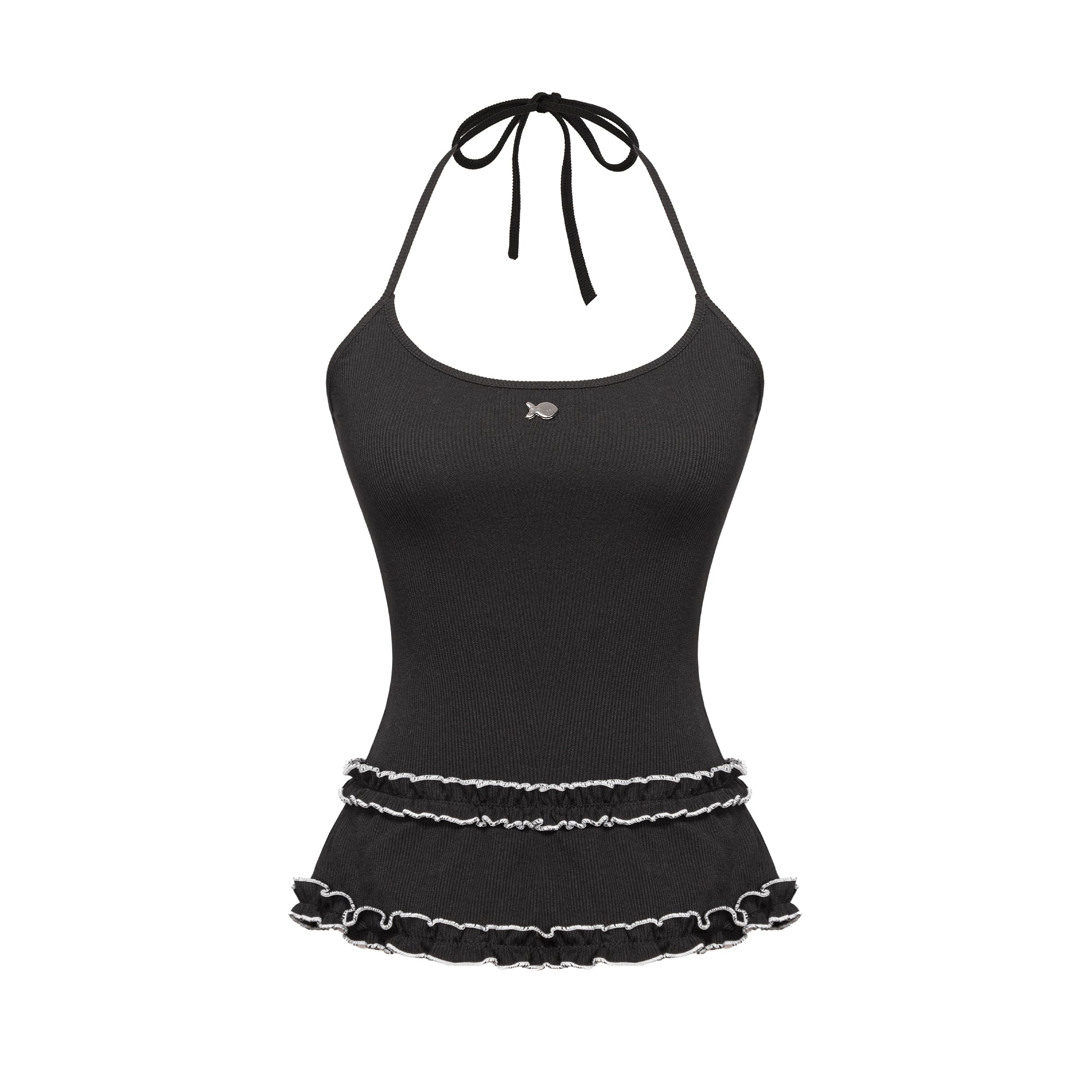 Black halter top with ruffled skirt on a white background