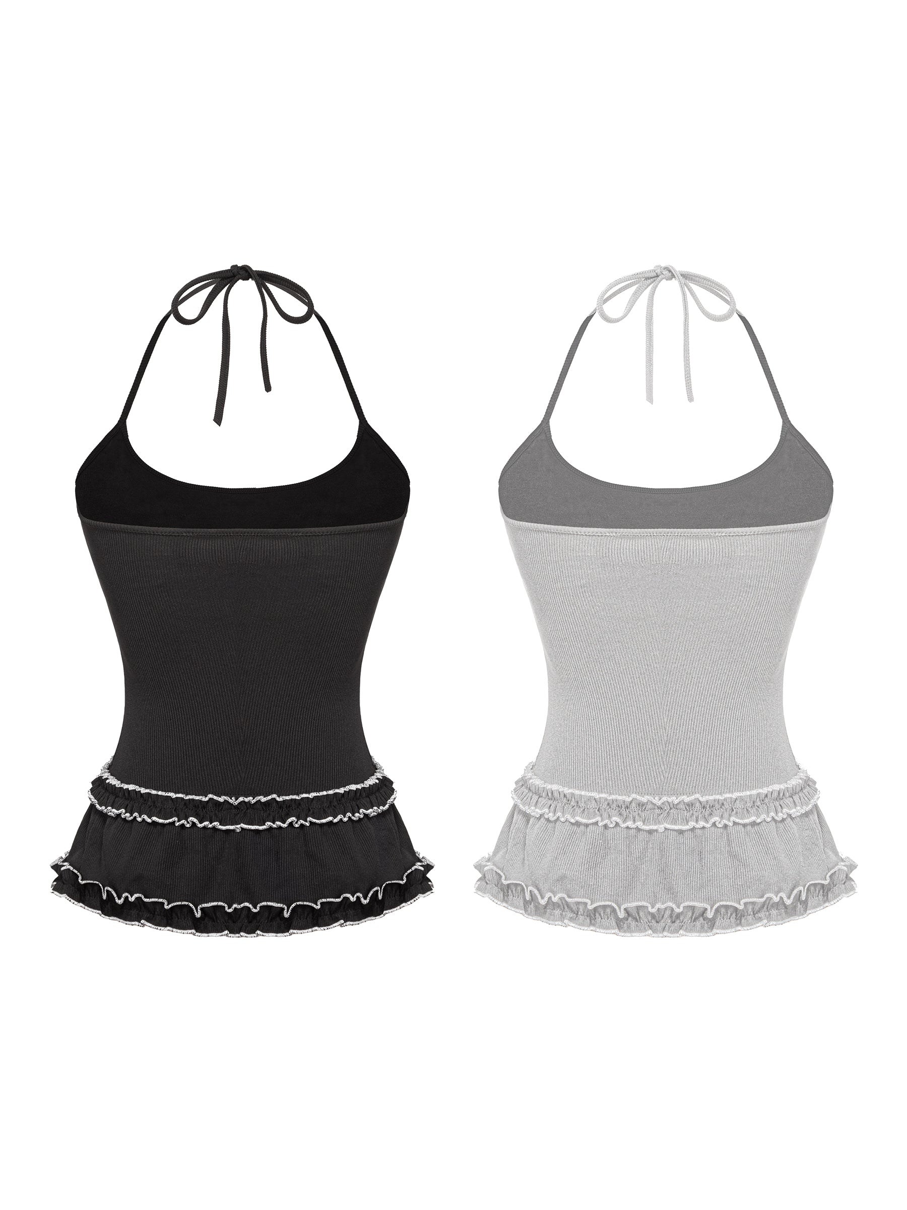 Black and gray halter tops with ruffled hem on a white background