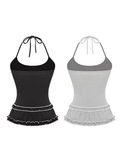 Black and gray halter tops with ruffled hem on a white background