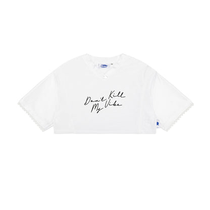White t-shirt with 'Don't Kill My Vibe' text on a white background