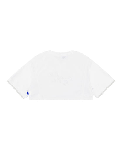 White t-shirt with a small logo on a white background