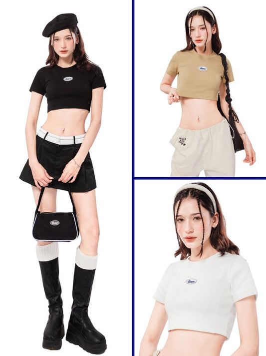 Three images of a person wearing different outfits with visible brand logos.