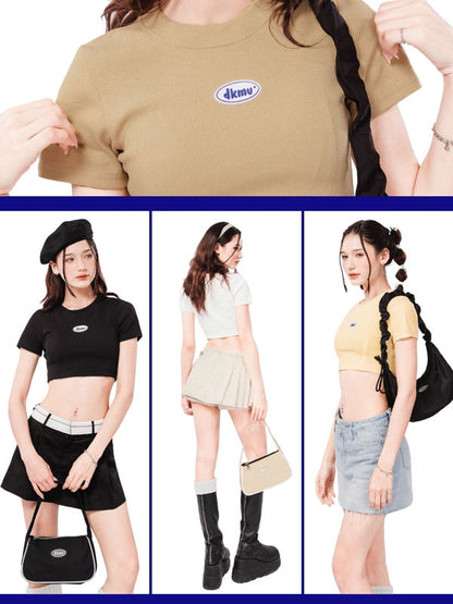 Collage of a person wearing a beige t-shirt with a logo, followed by images of a woman in various outfits.