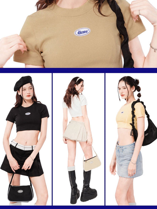 Collage of a person wearing a beige t-shirt with a logo, followed by images of a woman in various outfits.