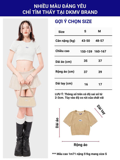 Size chart for a crop top and skirt with a model wearing the outfit, displayed against a white background.