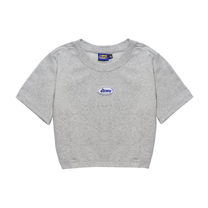 Gray crop top with a brand logo on a white background