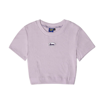 Purple ribbed t-shirt with a logo on a white background