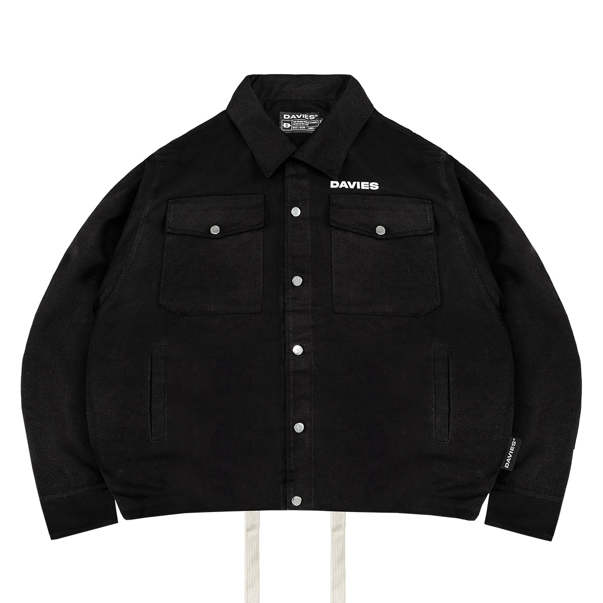 Black jacket with 'DAVIES' branding on a white background