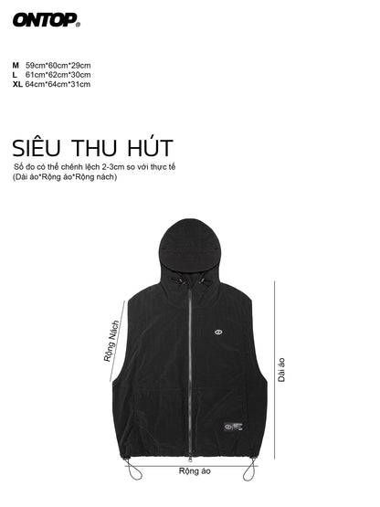 Black sleeveless jacket with hood on a white background, featuring measurements and brand name.