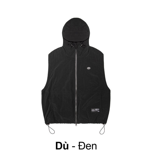 Black hooded vest on a white background
