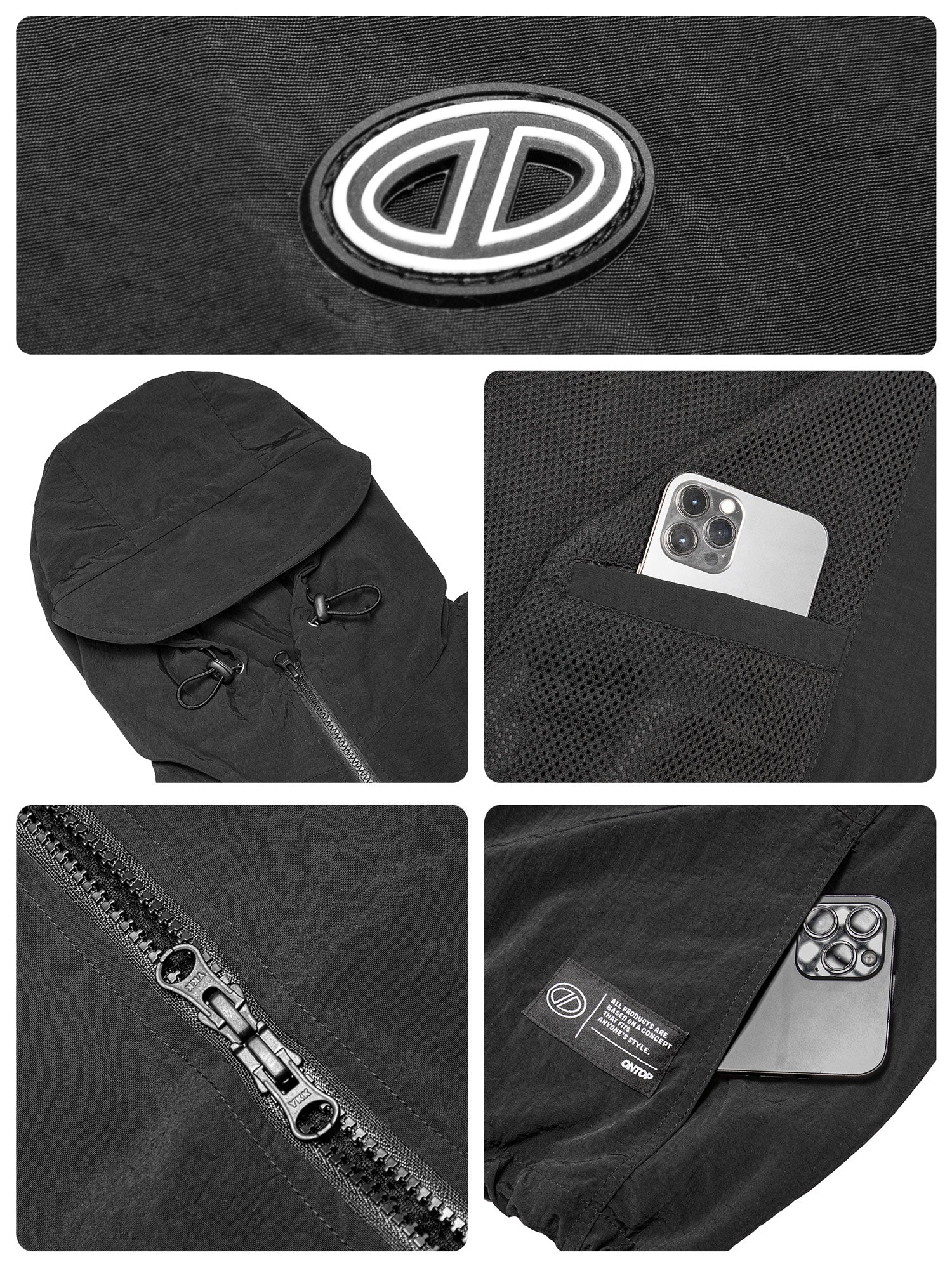Black jacket with various features including a zipper, pocket, and brand logo.