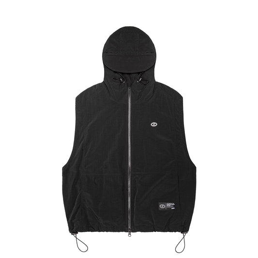 Black hooded vest with a brand logo on a white background