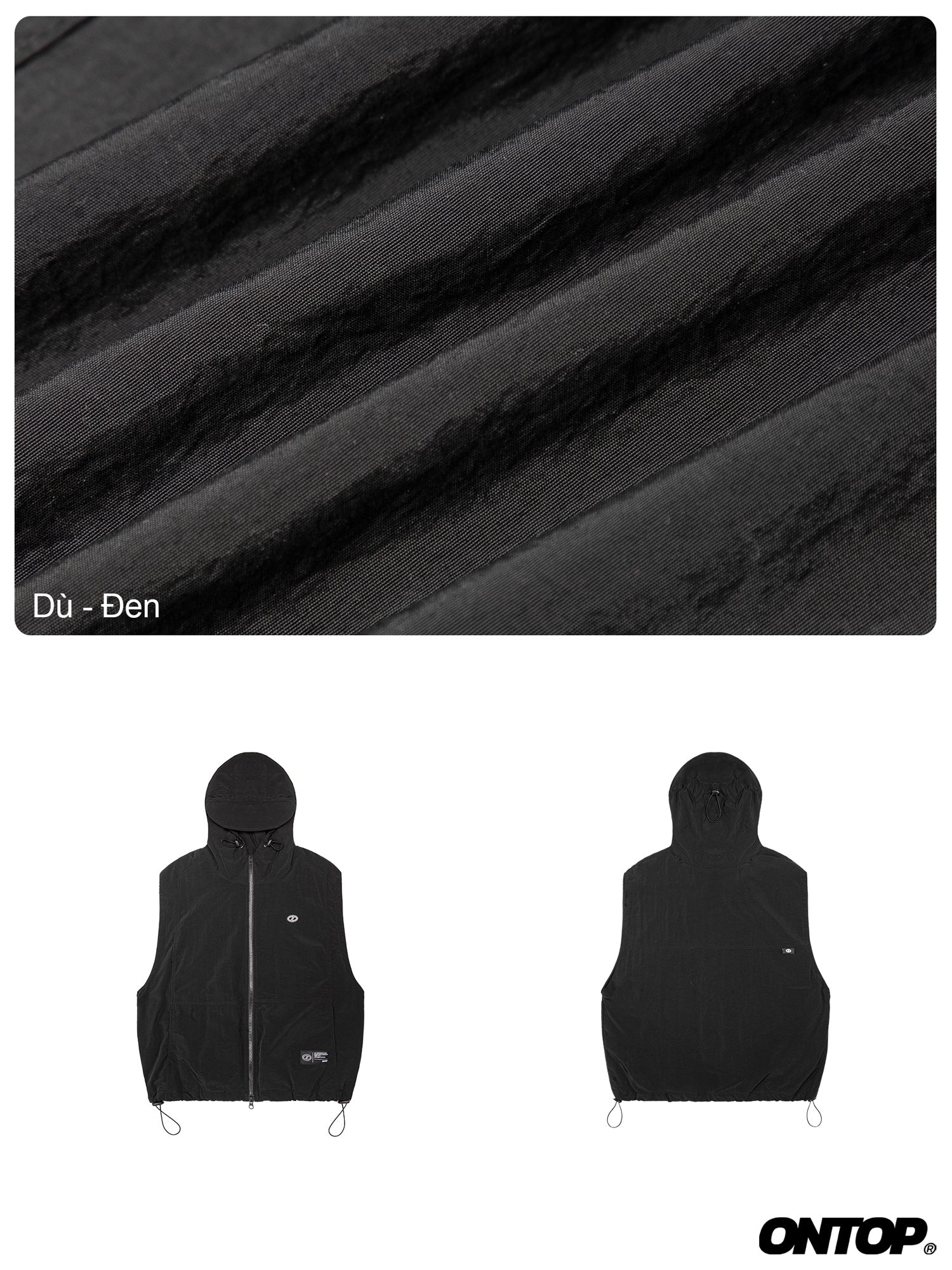 Black hooded vest with front and back views on a white background, featuring the brand 'ONTOP'.
