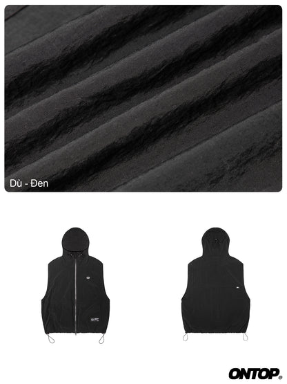 Black hooded vest with front and back views on a white background, featuring the brand 'ONTOP'.