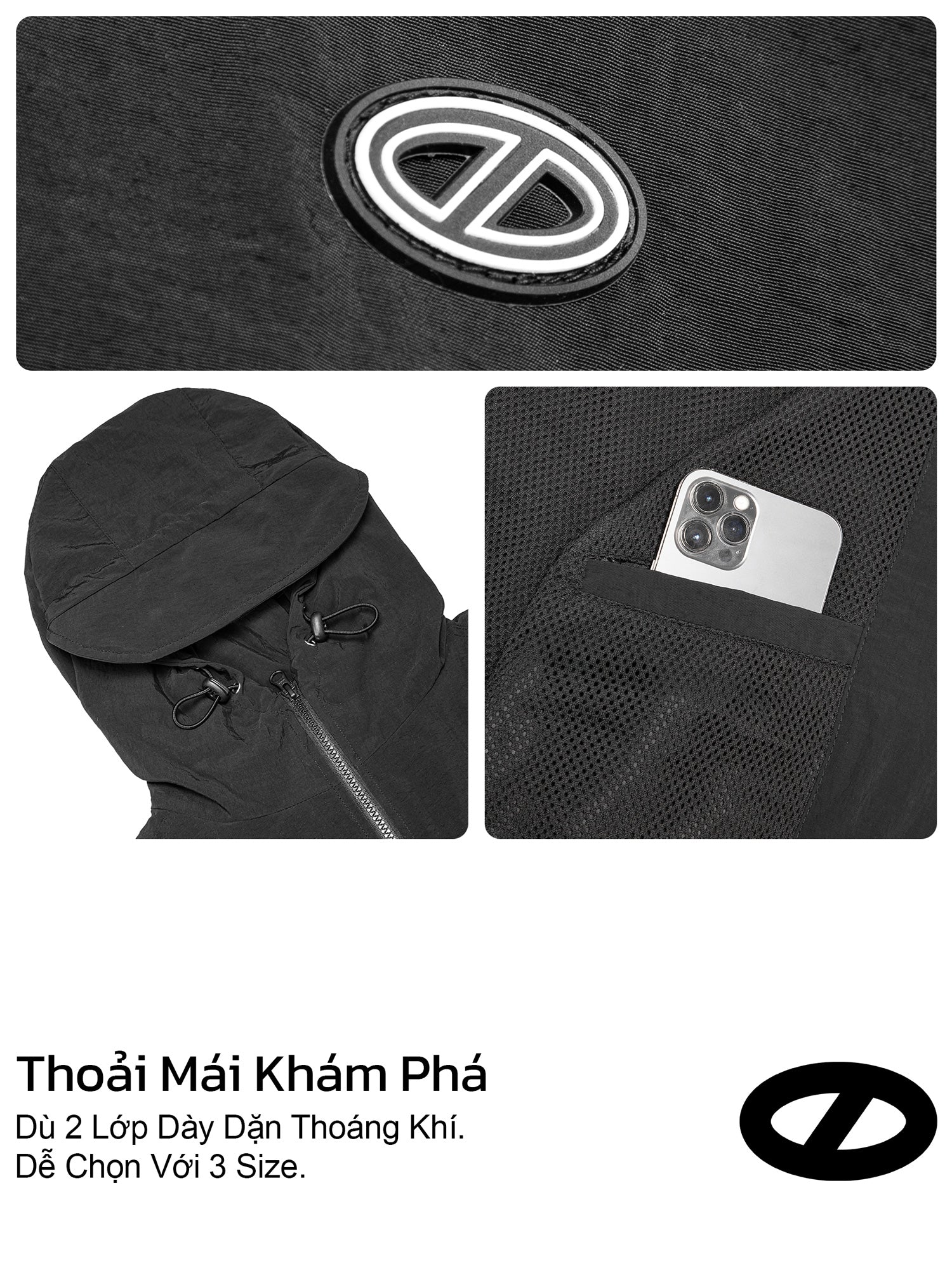 Black outdoor umbrella with a brand logo, pocket for a phone, and text in a foreign language.