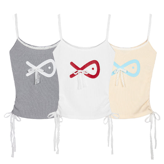 Three tank tops with bow designs in gray, white, and beige on a white background