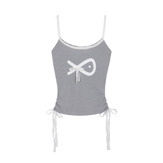Gray tank top with a white bow design on a white background