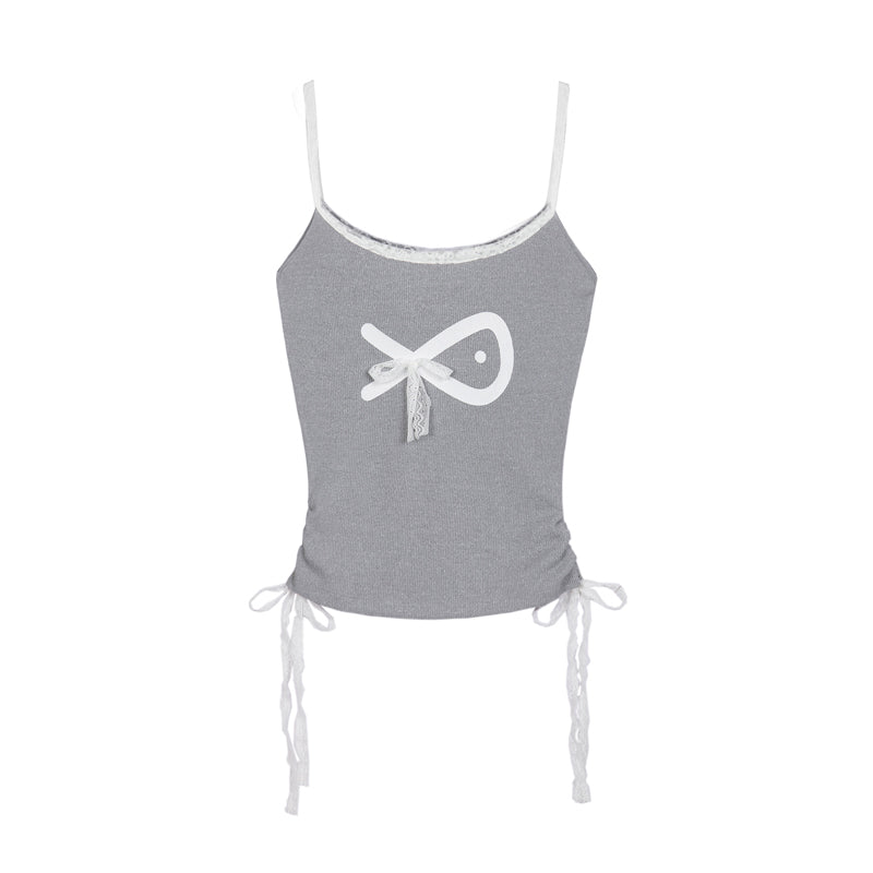 Gray tank top with a white bow design on a white background