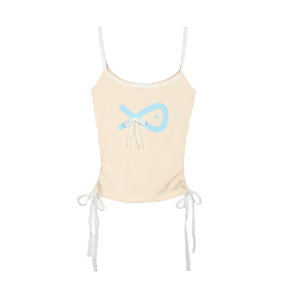 Beige tank top with a blue graphic on a white background