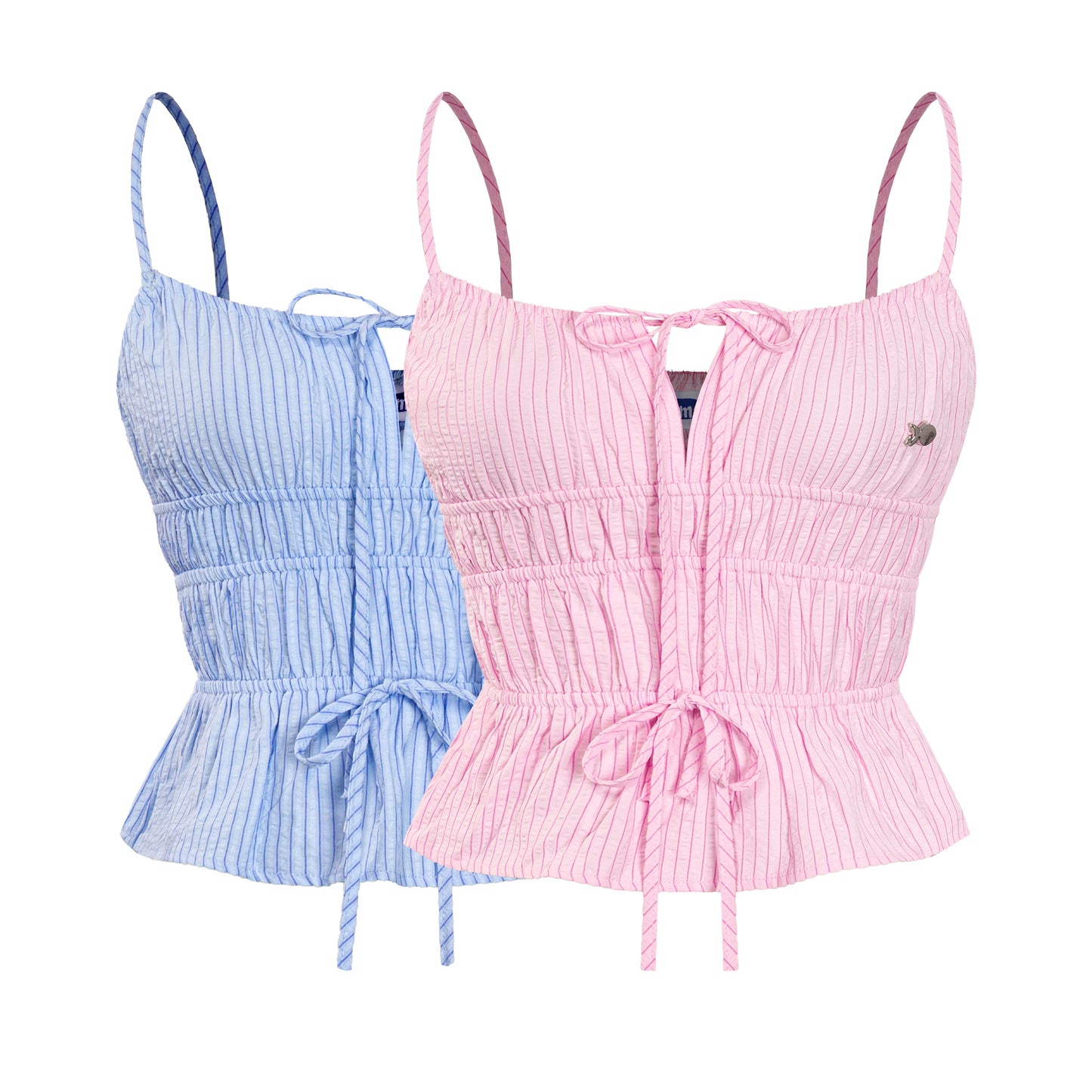Two crop tops, one pink and one blue, on a white background