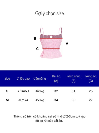 Size chart for a pink tank top with measurements on a white background
