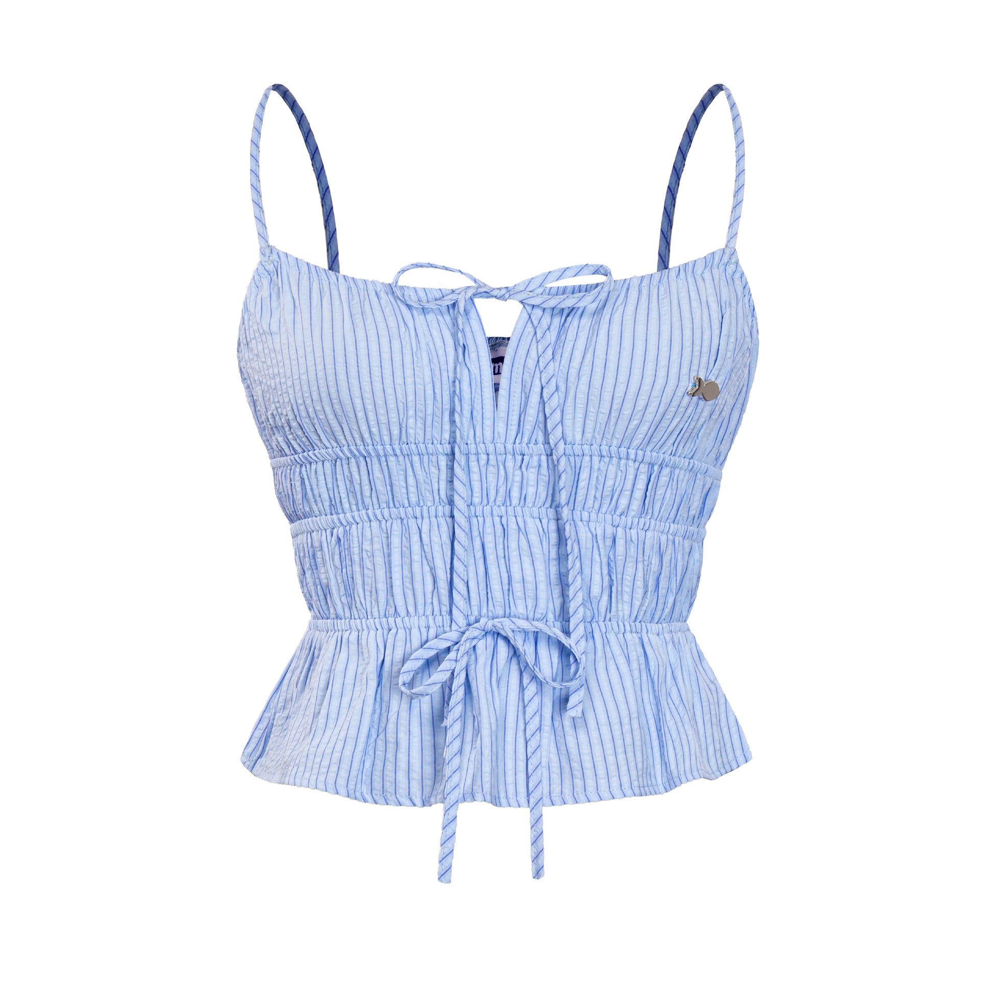 Light blue striped top with thin straps on a white background