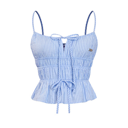 Light blue striped top with thin straps on a white background