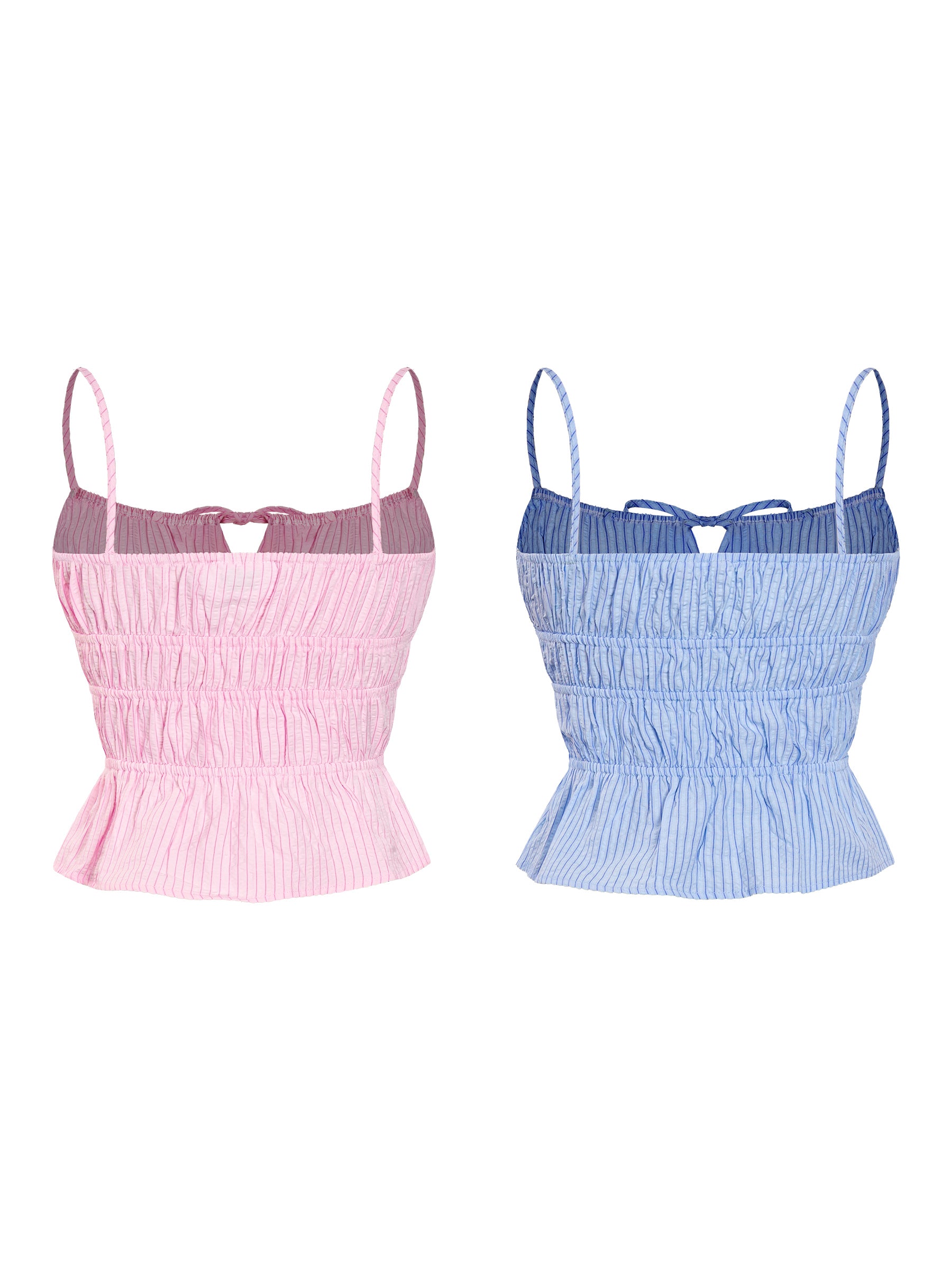 Two crop tops, one pink and one blue, on a white background