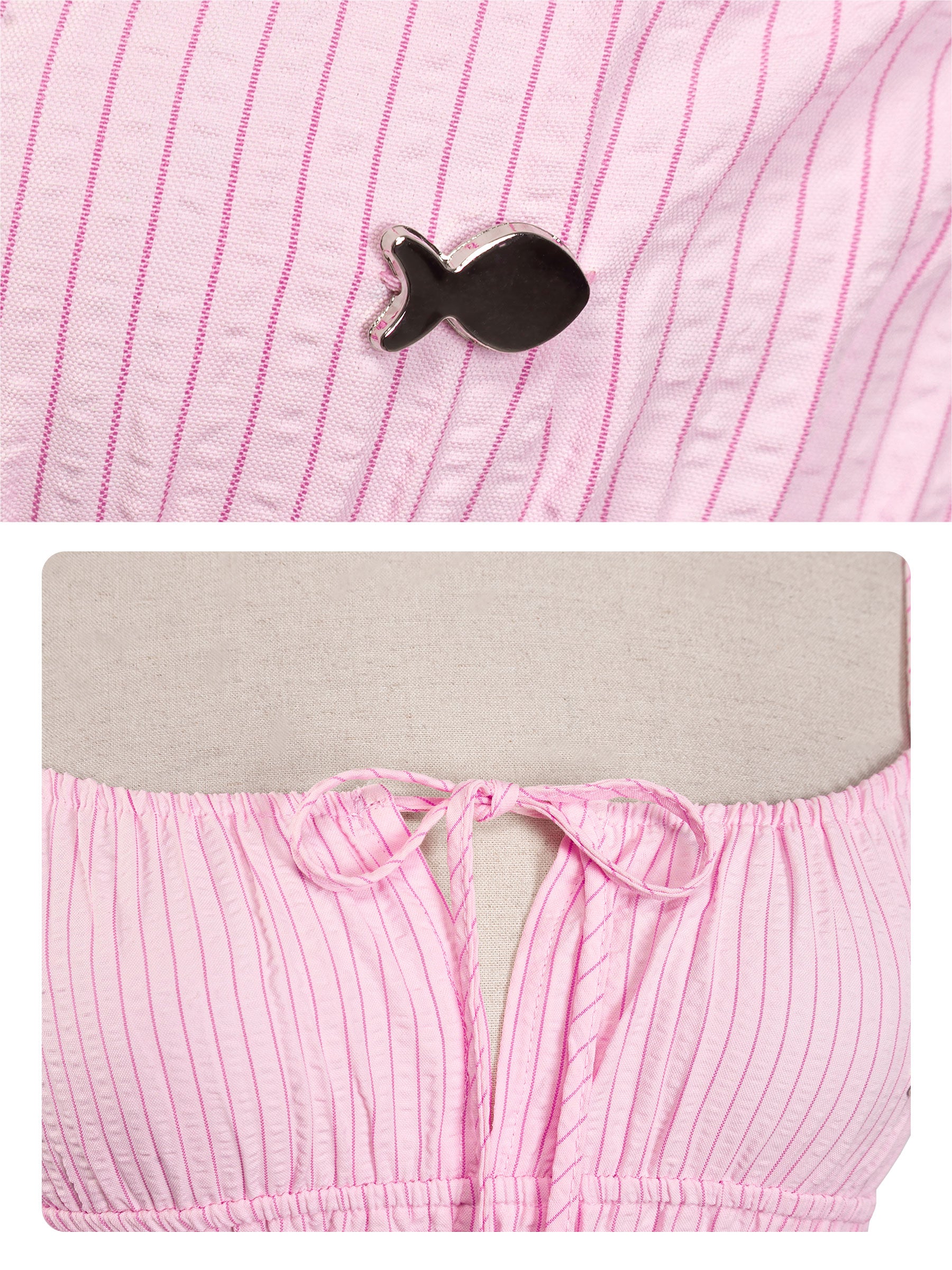 Pink striped fabric with a black fish-shaped brooch and pink shorts with a gray waistband.