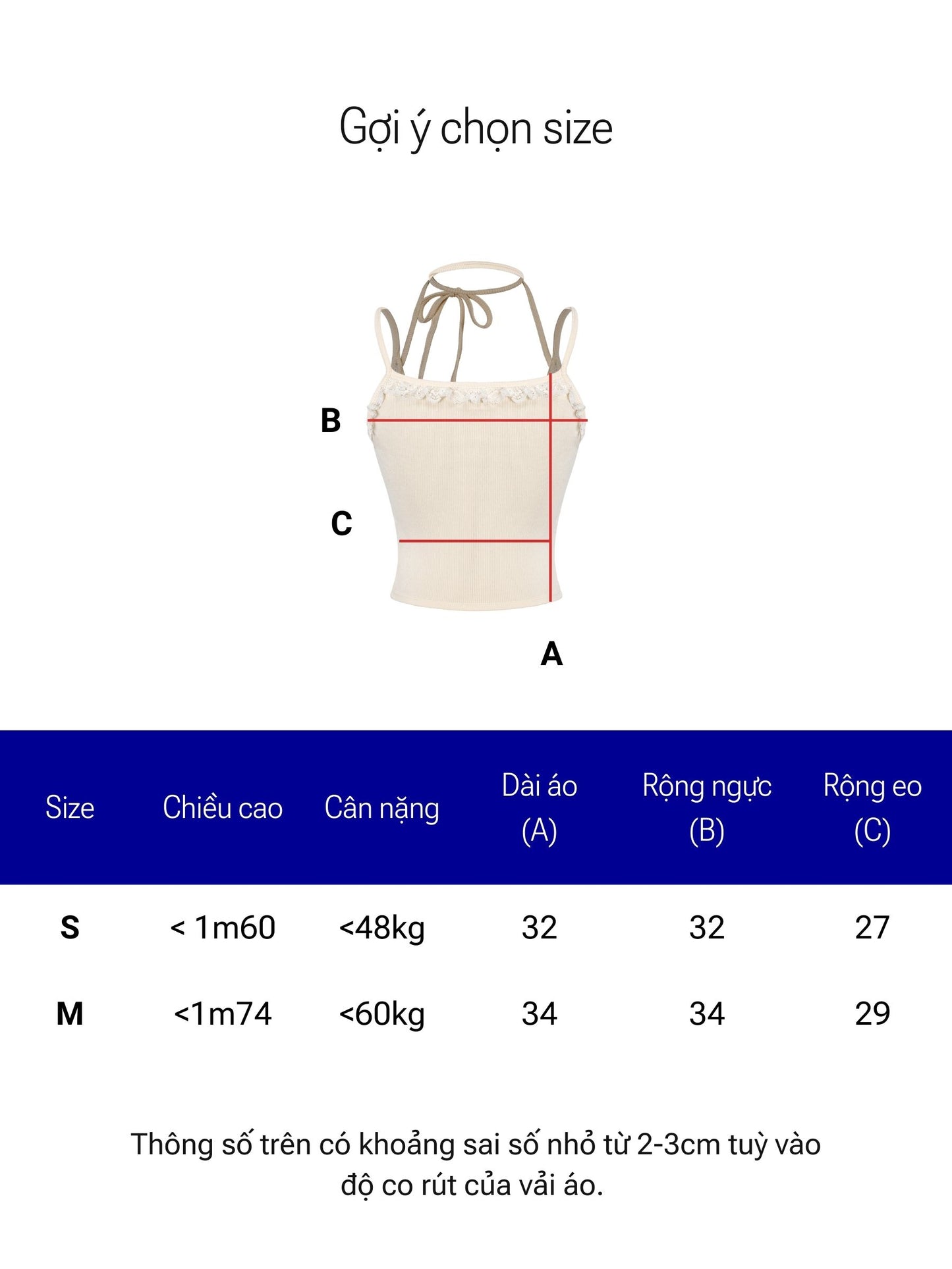 Size chart for a garment with measurements in centimeters