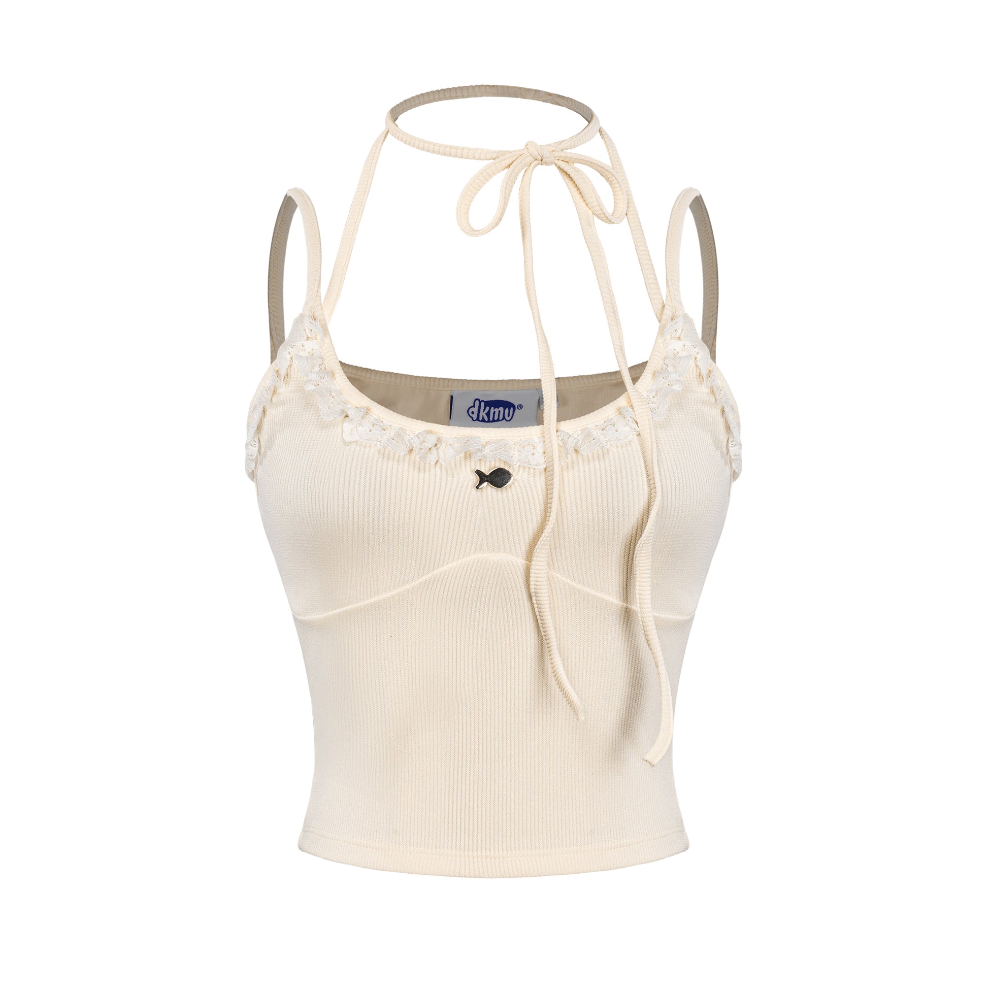 Beige crop top with thin straps on a white background