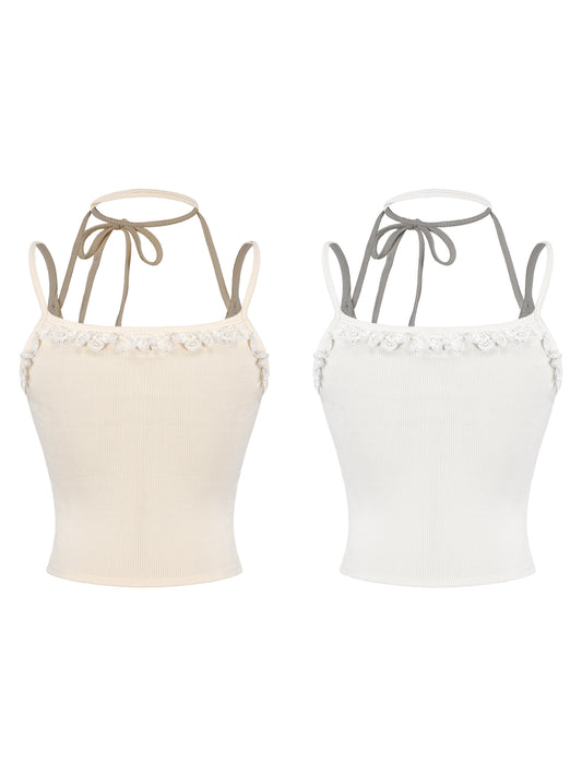 Two crop tops on mannequins, one beige and one white, against a white background.