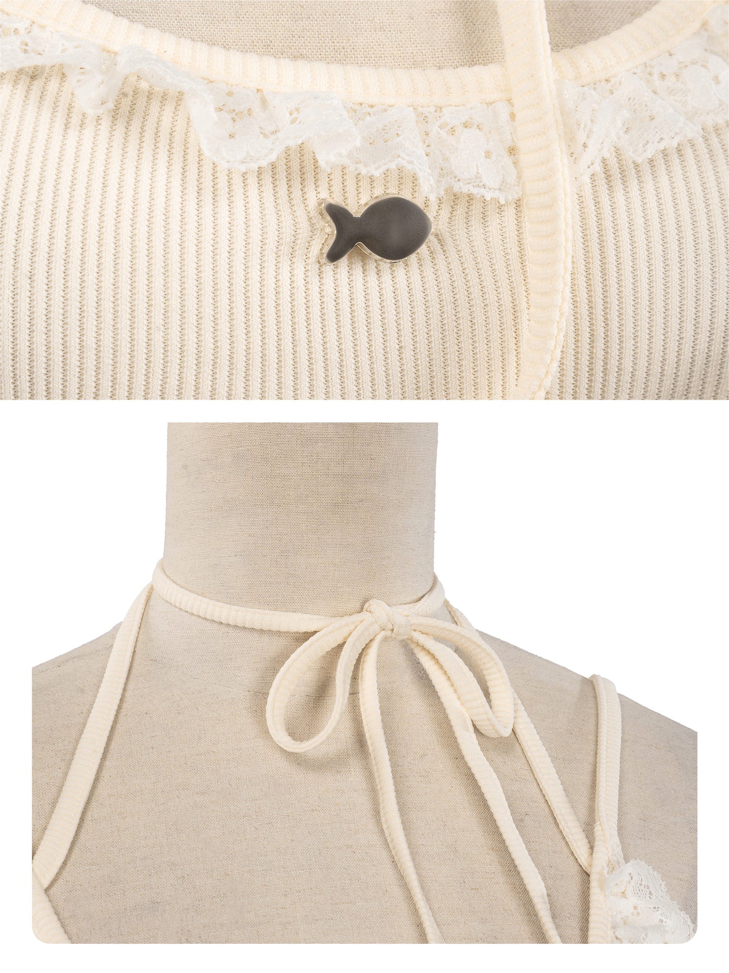 Beige ribbed sweater with lace trim and black button on a mannequin.