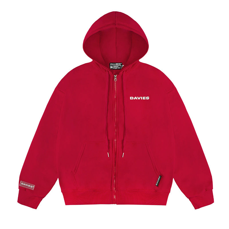 Red hoodie with 'DAVIES' branding on a white background