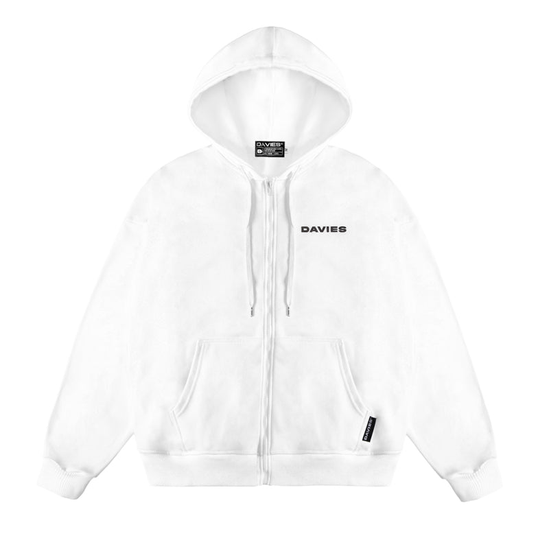 White hoodie with 'DAVIES' branding on a white background