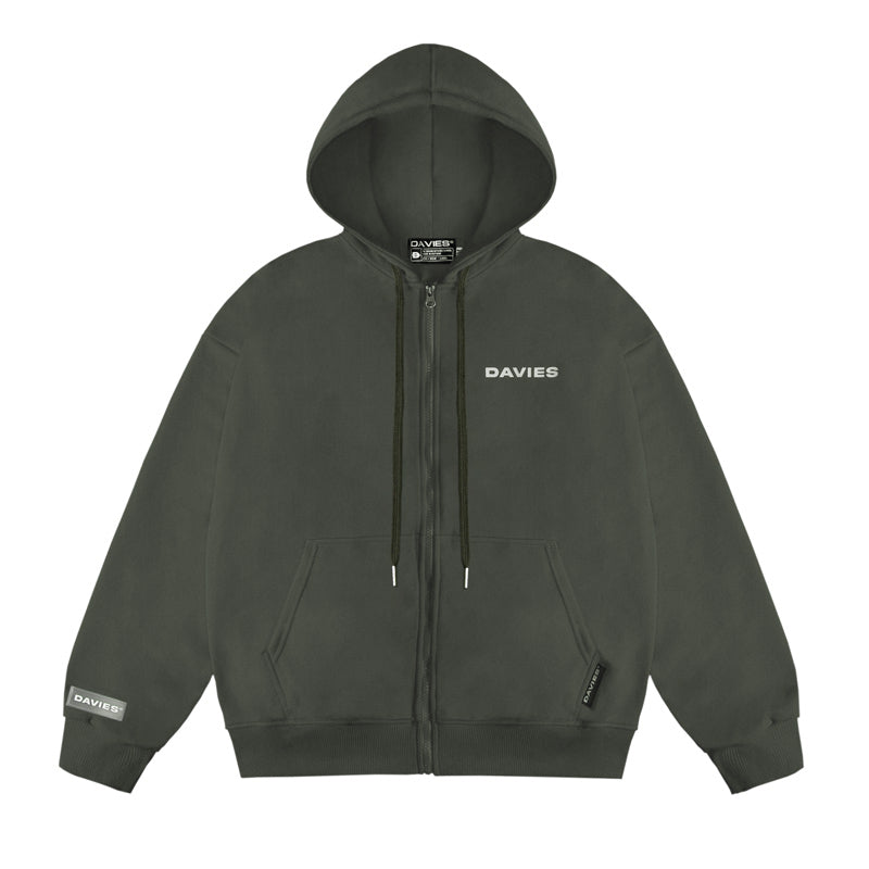 Dark gray hoodie with 'DAVIES' branding on a white background