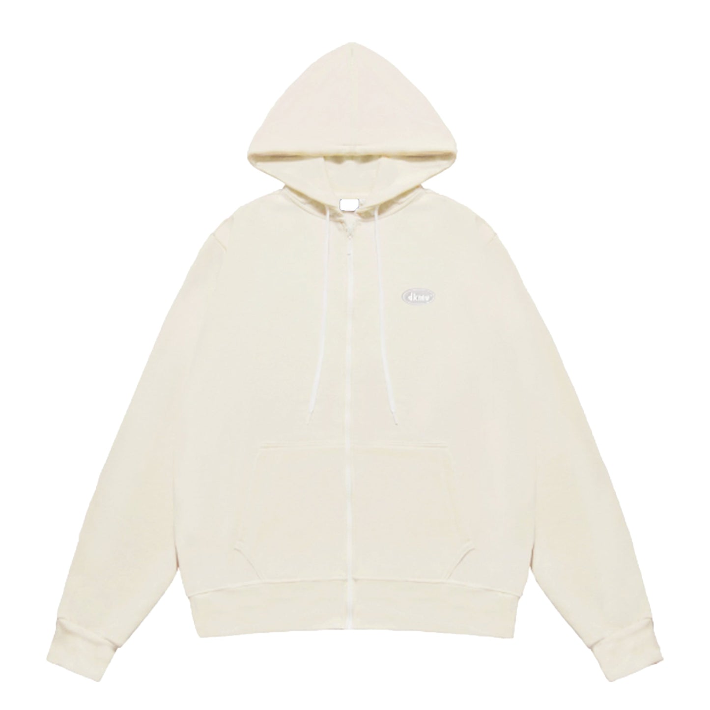 Beige hoodie with a small logo on a white background